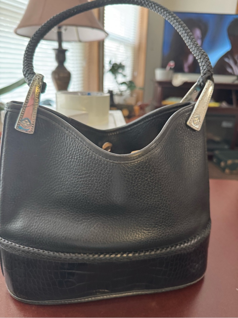 Brighton Black Leather Shoulder Bag with Braided Handle